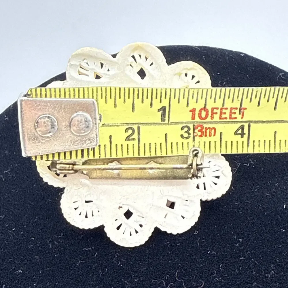 Vintage Celluloid Brooch Carved Floral Openwork Lace Pin With Pearls READ